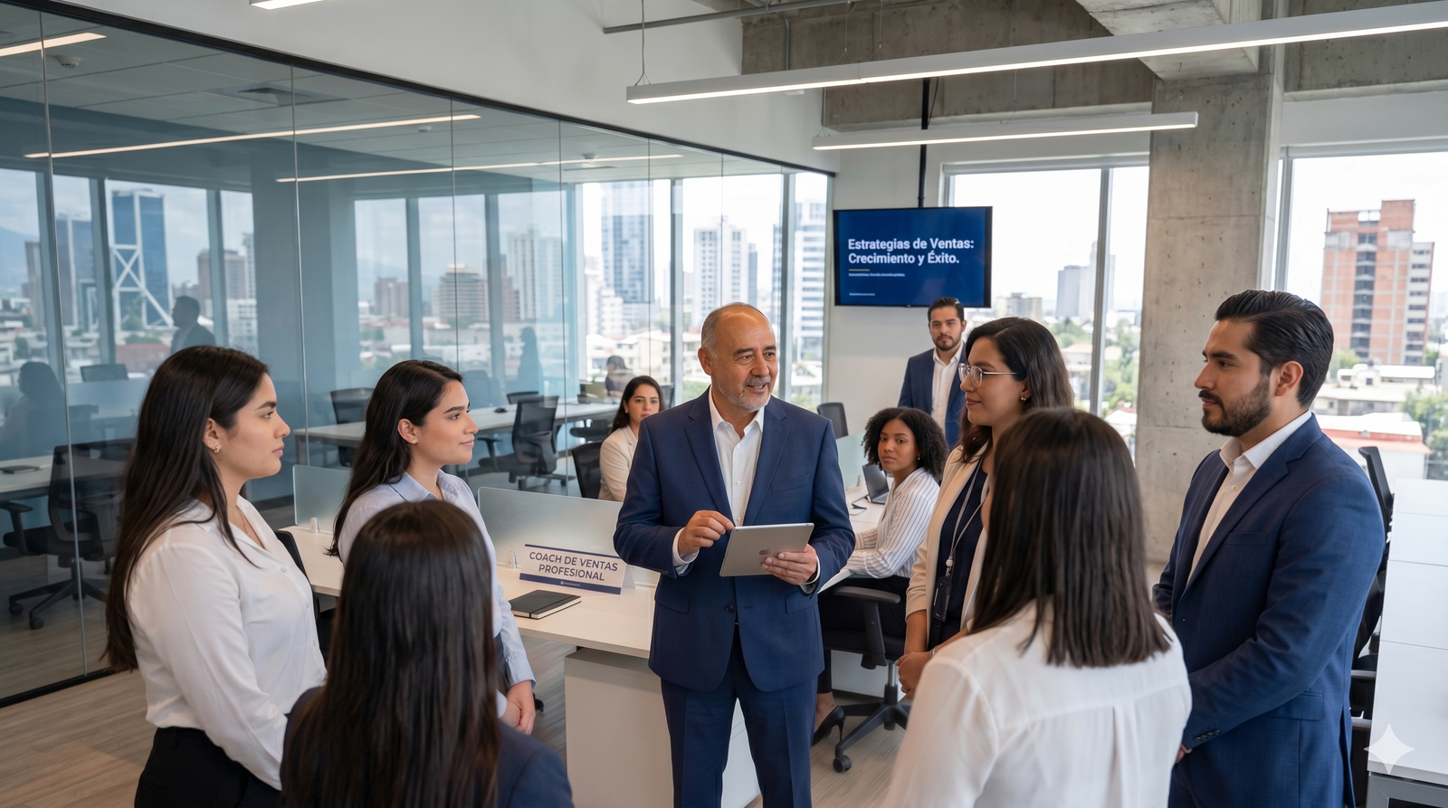 Rogelio Benavides con equipo comercial en sesión de coaching